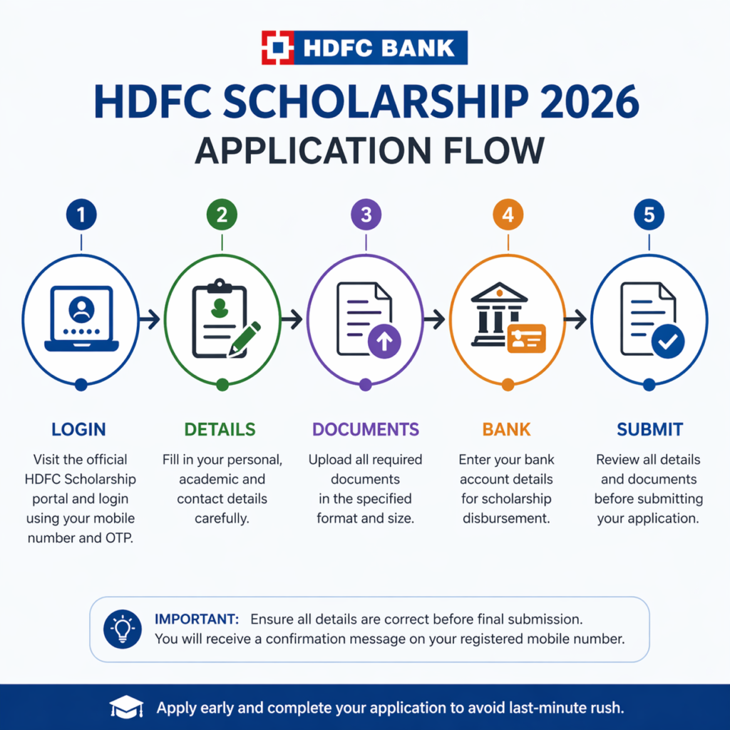 HDFC scholarship 2026 application flow steps login details documents bank submit