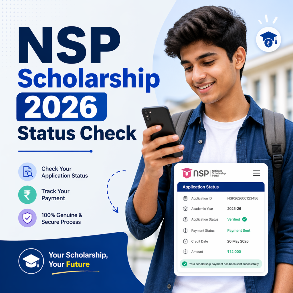 Student checking NSP Scholarship 2026 status on mobile phone with payment tracking details