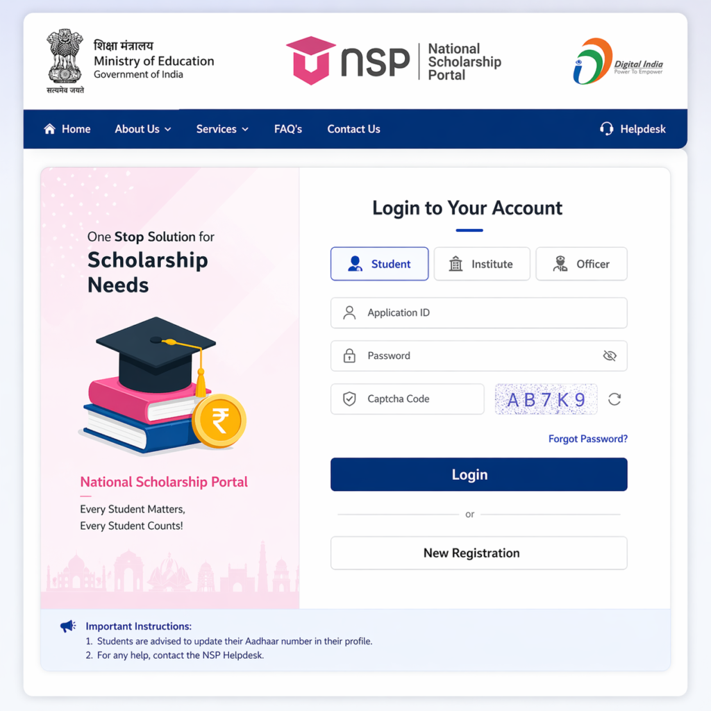 NSP scholarship payment status check login page showing student login form on National Scholarship Portal