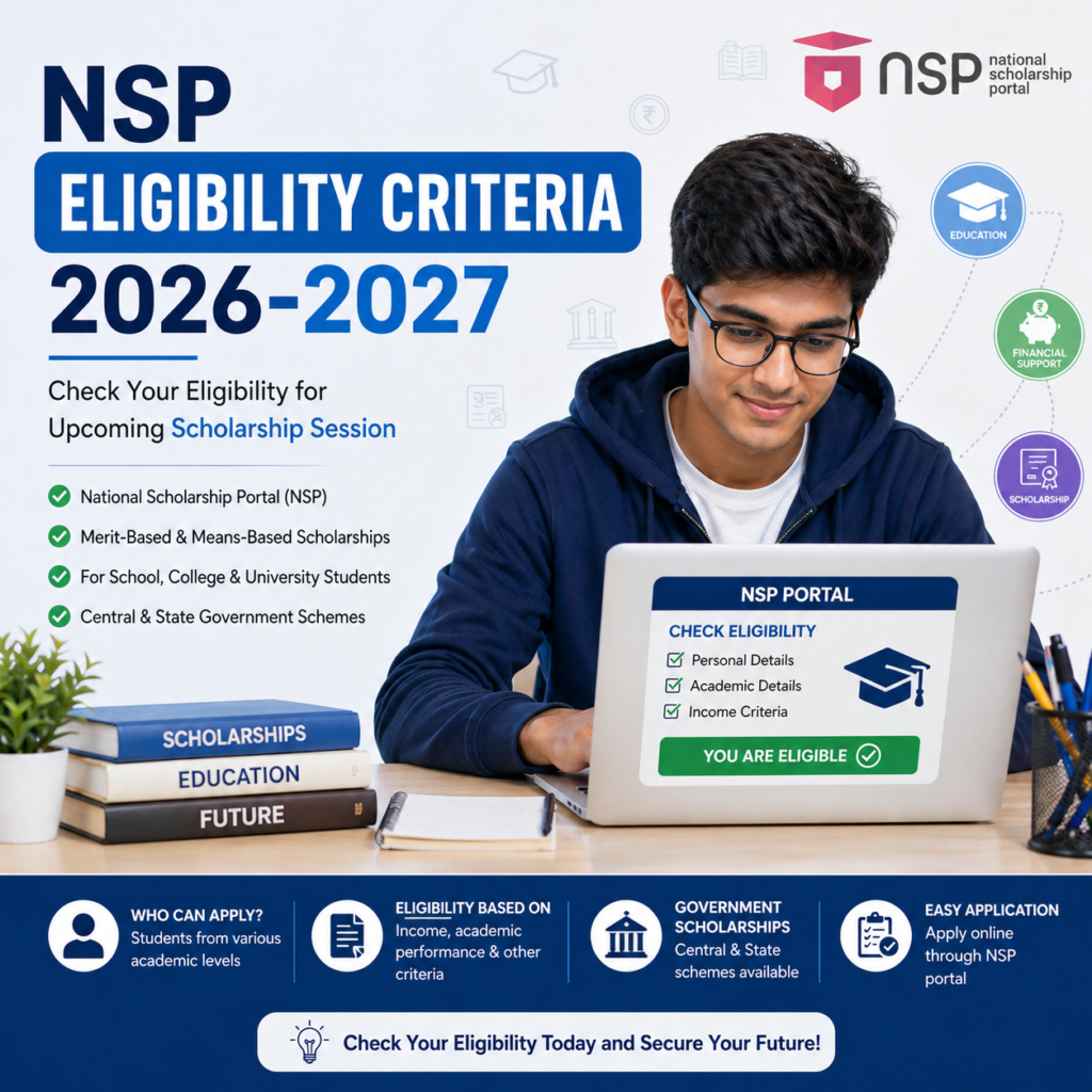 NSP scholarship eligibility criteria 2026 2027 for students checking details on laptop