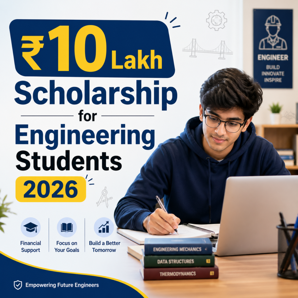 Catalyst Scholarship for Engineering Students 2026 showing ₹10 lakh benefit with student studying on laptop