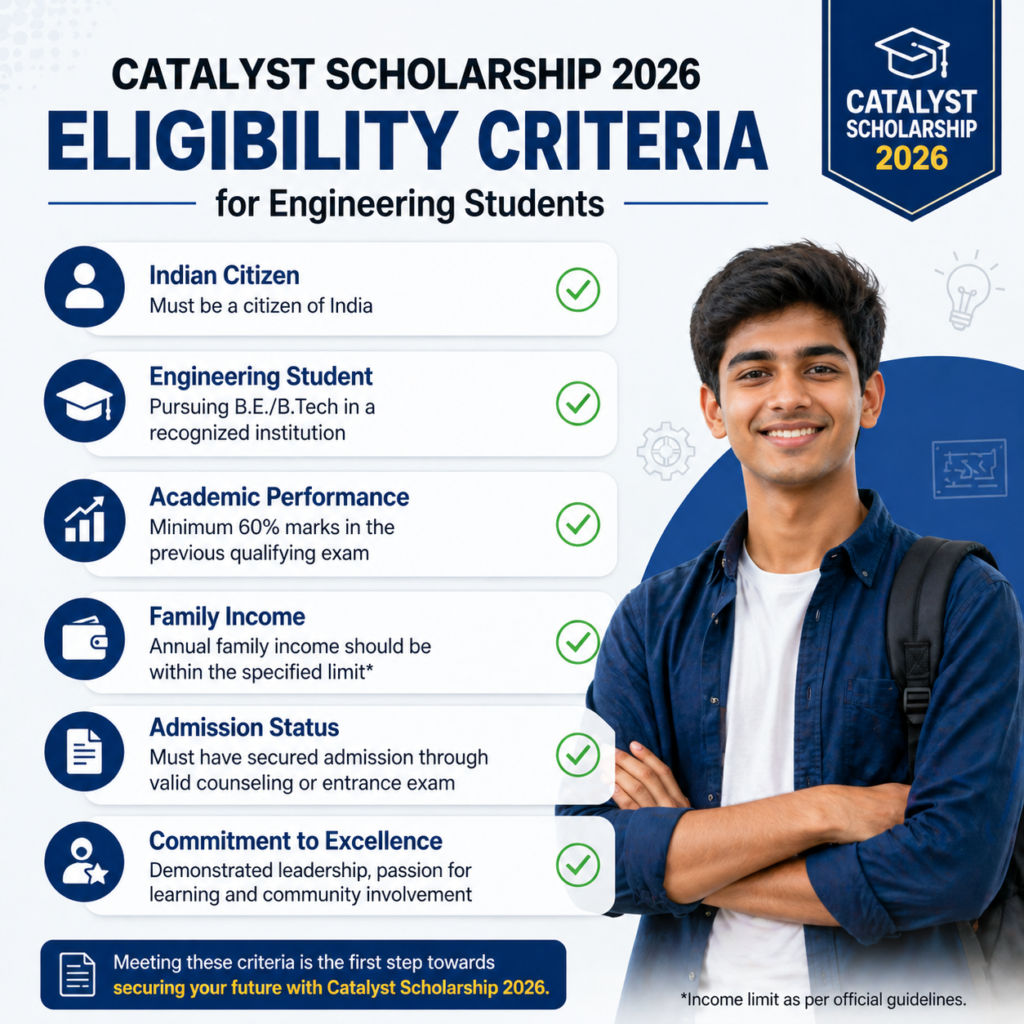 Catalyst scholarship eligibility criteria 2026 for engineering students checklist infographic