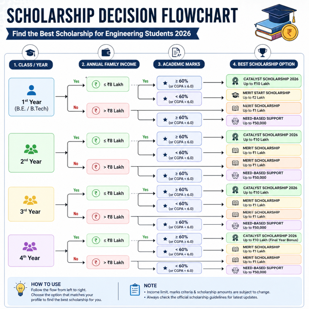 Scholarship decision flowchart 2026 based on class income and marks for students
