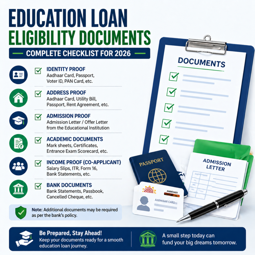 education loan eligibility documents list india 2026 checklist identity address academic income proof