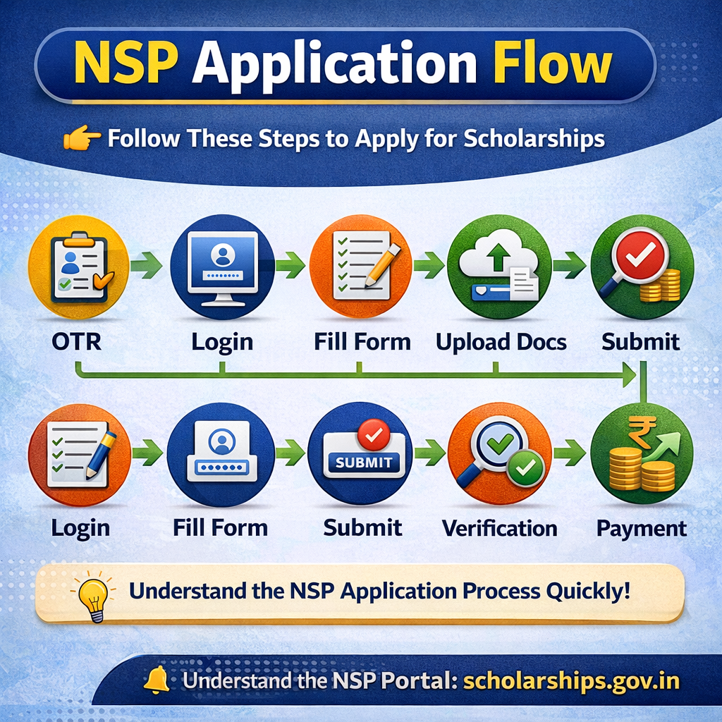 NSP scholarship application flow OTR login form upload documents verification payment process
