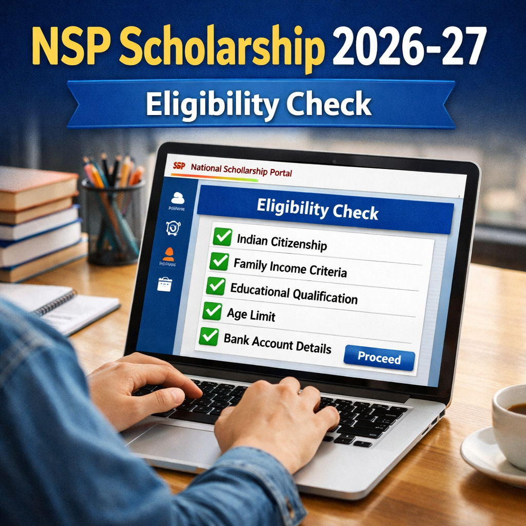 NSP Scholarship 2026-27 eligibility check process on National Scholarship Portal using laptop with checklist interface