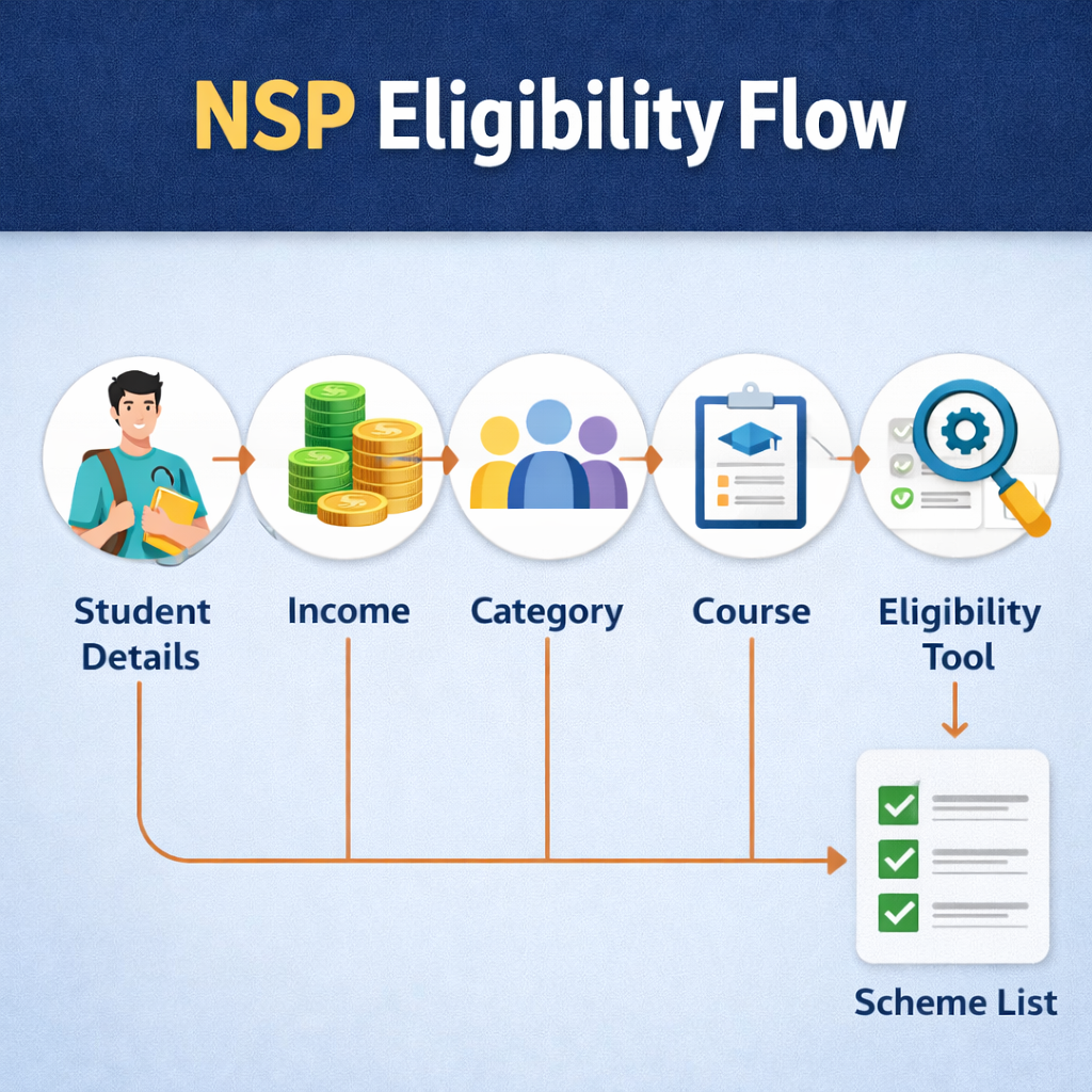 NSP Scholarship eligibility flow infographic showing student details, income, category, course, eligibility tool, and scheme list process.
