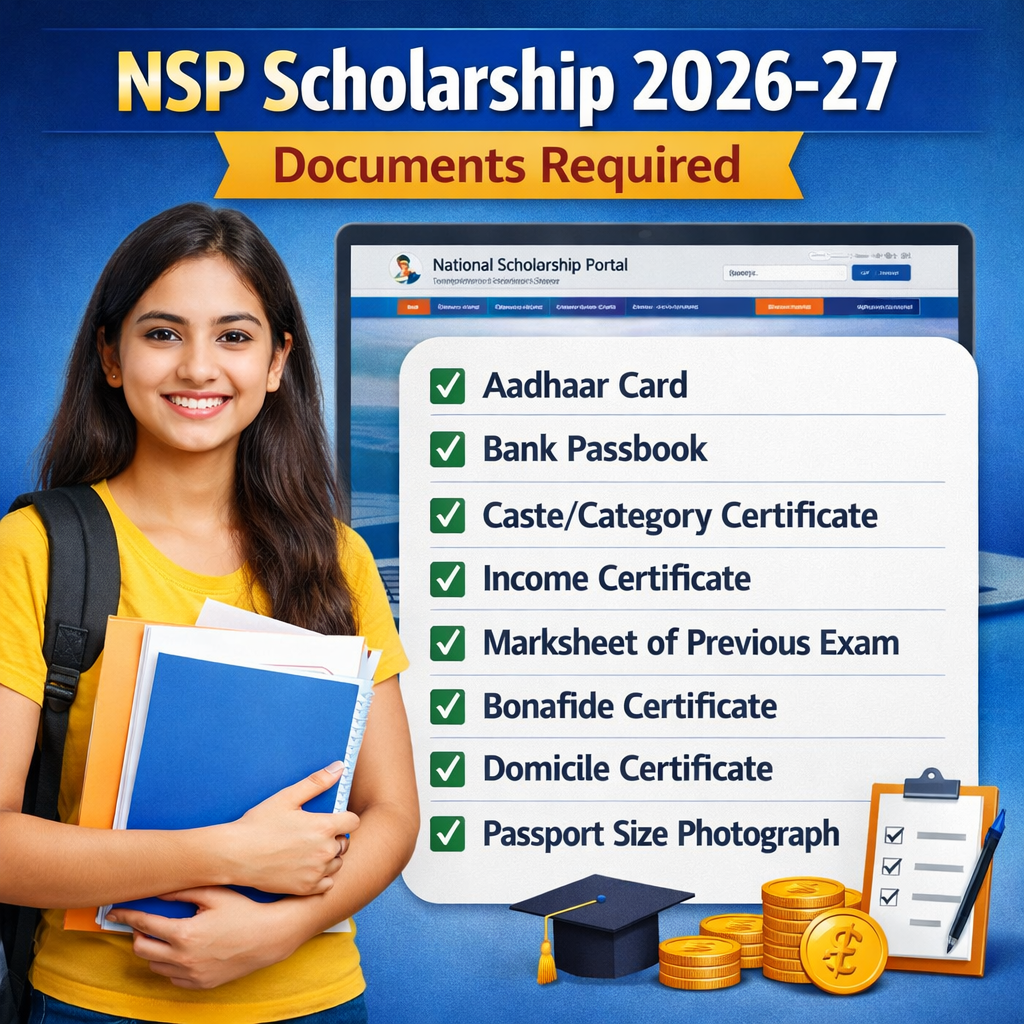 NSP Scholarship 2026-27 documents required list with student holding files and National Scholarship Portal screen