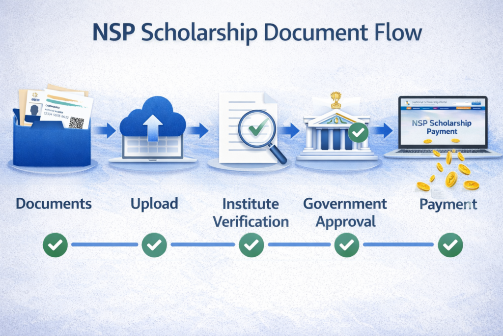 NSP Scholarship document flow process showing documents upload, institute verification, government approval, and payment