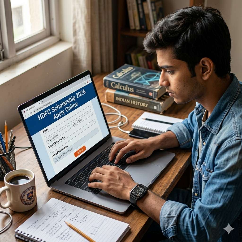 Indian student filling HDFC Scholarship 2026 online application form on laptop at study desk
