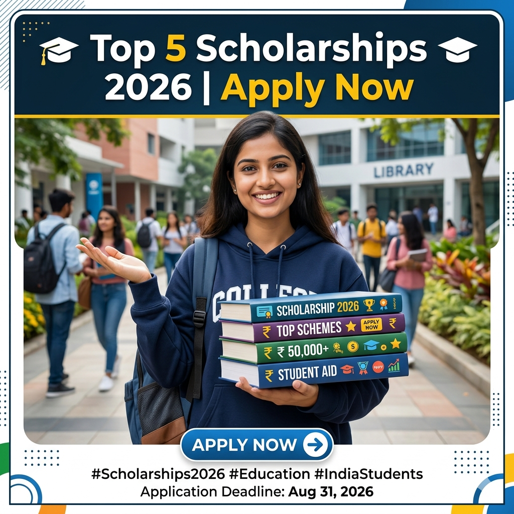 Smiling college student holding books on campus promoting top 5 scholarships in India 2026 with apply now button and deadline August 31, 2026