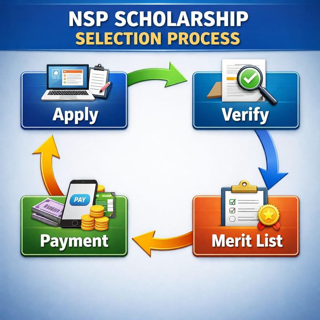 NSP scholarship process infographic showing apply verify merit list and payment steps