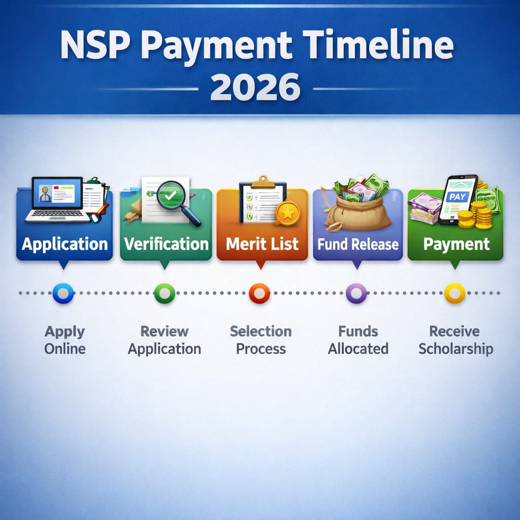 NSP scholarship process flow showing apply, verification, merit list selection and payment stages