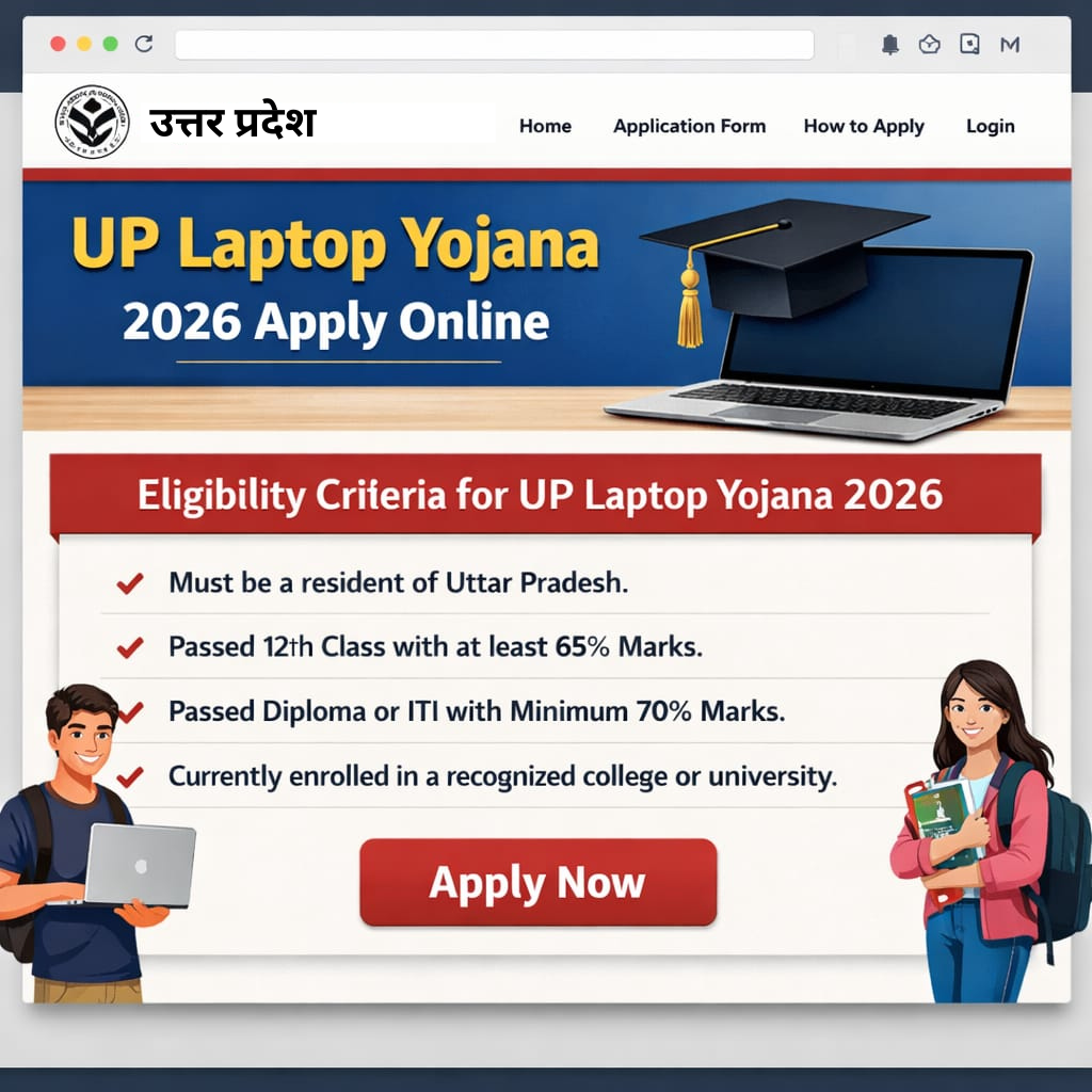 UP Laptop Yojana 2026 apply online page showing eligibility criteria including Uttar Pradesh residency and required marks for students.