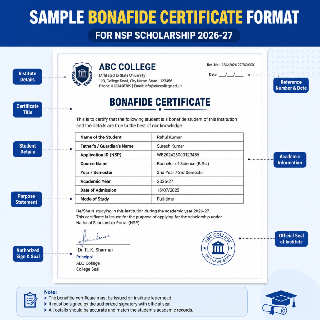 Bonafide certificate sample format for NSP scholarship with student details and institute seal