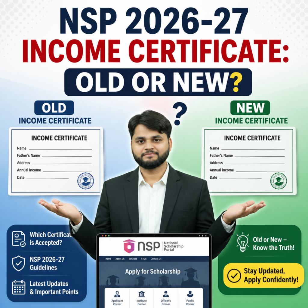 “NSP Scholarship 2026-27 old vs new income certificate comparison guide with student and NSP portal background”