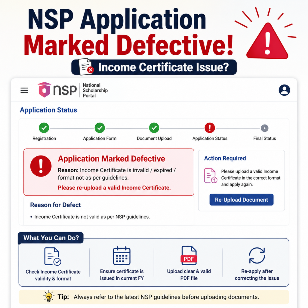 “NSP scholarship defective application income certificate issue screenshot-style infographic”
