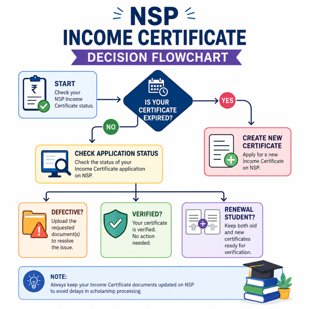 Infographic showing the NSP income certificate decision flowchart with steps for expired certificates, application status check, defective applications, verified status, and renewal student document requirements.
