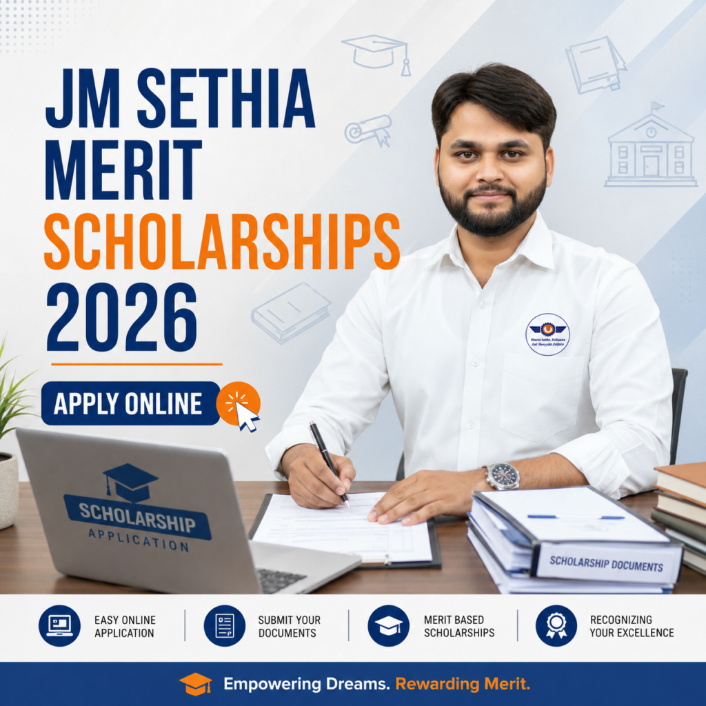 JM Sethia Merit Scholarships 2026 online application graphic showing a student applying for scholarship with laptop and documents