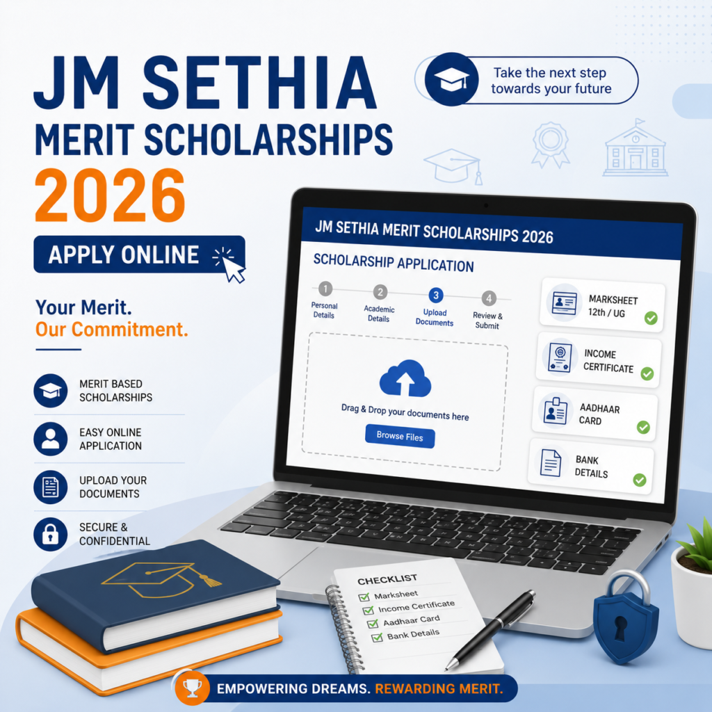 Student applying for JM Sethia Scholarship 2026 online by uploading scholarship documents on laptop