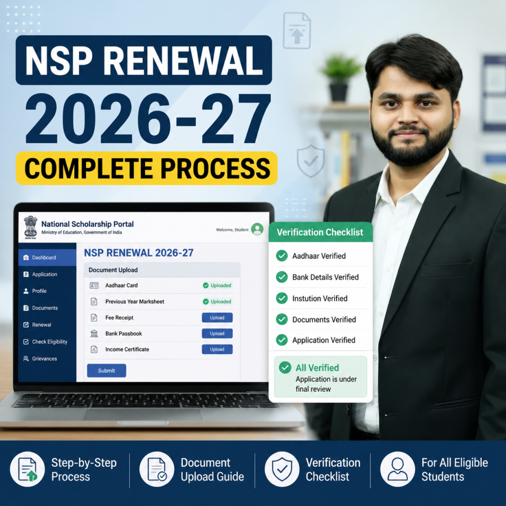 National Scholarship Portal NSP Renewal 2026-27 complete process dashboard with document upload and verification checklist