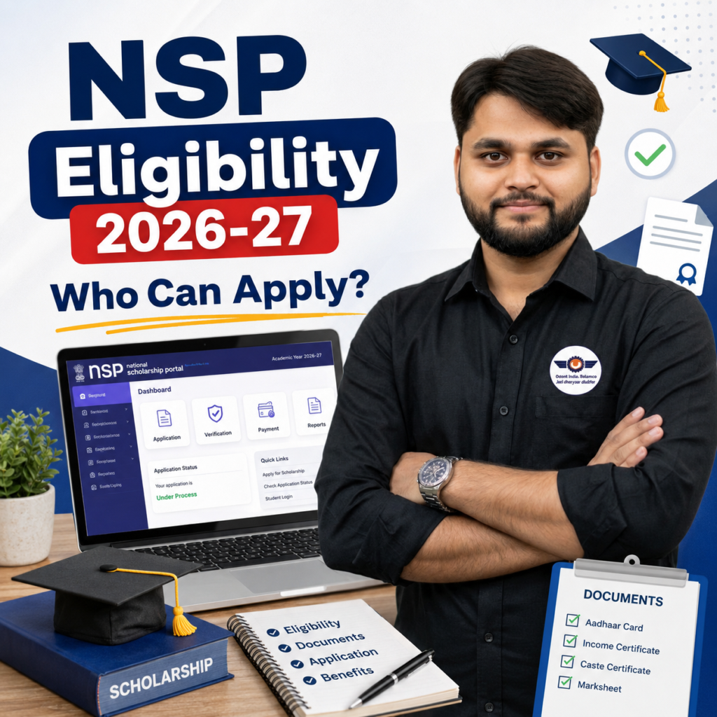 National Scholarship Portal eligibility 2026-27 graphic featuring an Indian student with scholarship dashboard and apply guidance