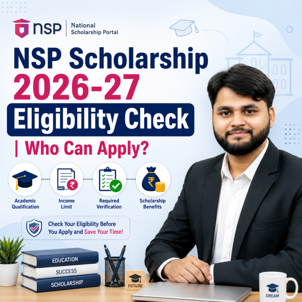NSP Scholarship 2026-27 eligibility check infographic for Indian students with scholarship verification icons