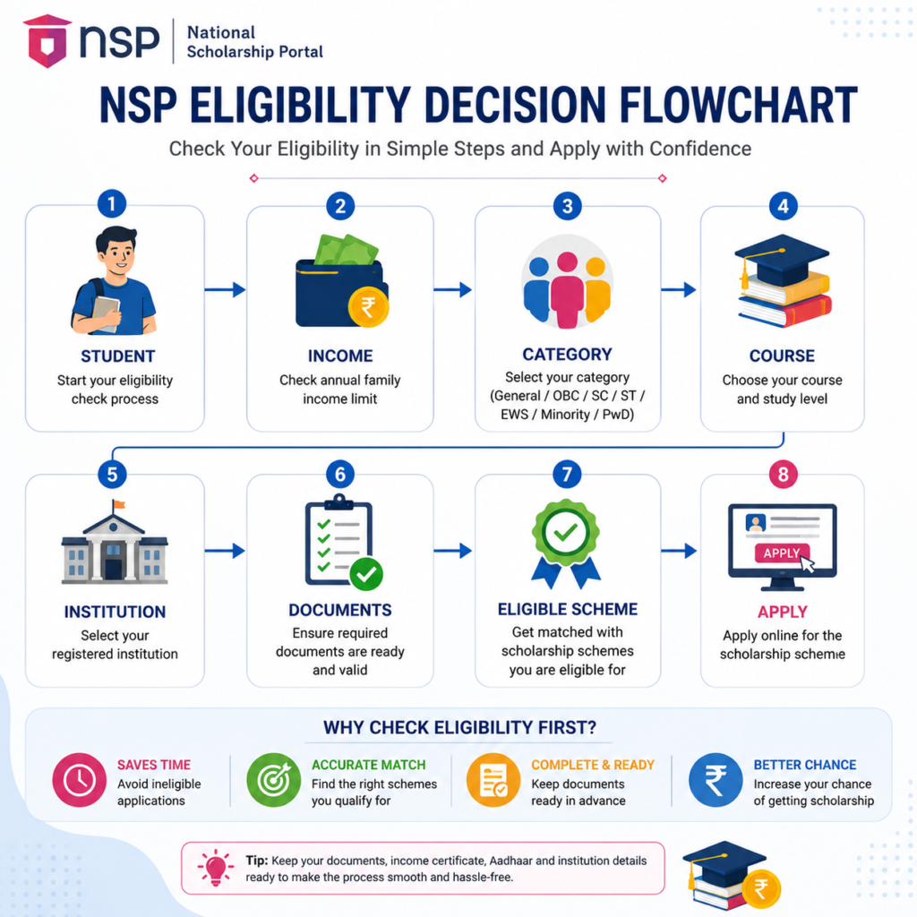 NSP Scholarship eligibility decision flowchart showing student verification and application process