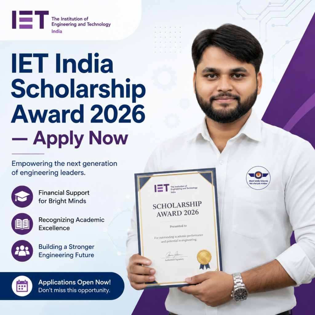 IET India Scholarship Award 2026 promotional graphic showing an engineering student holding a scholarship achievement certificate with apply now details