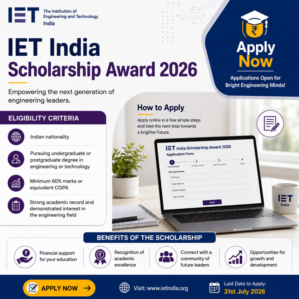 IET India Scholarship Award 2026 infographic showing online scholarship application process, eligibility criteria, benefits, and apply now details