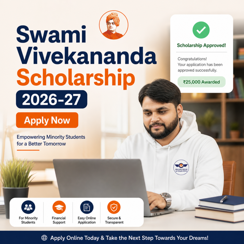 Swami Vivekananda Scholarship 2026-27 apply online with student using laptop and approval notification