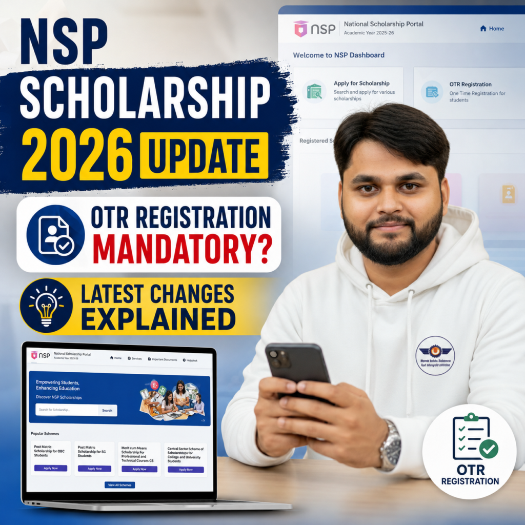 “Student using mobile phone for NSP Scholarship 2026 OTR registration with National Scholarship Portal dashboard background”