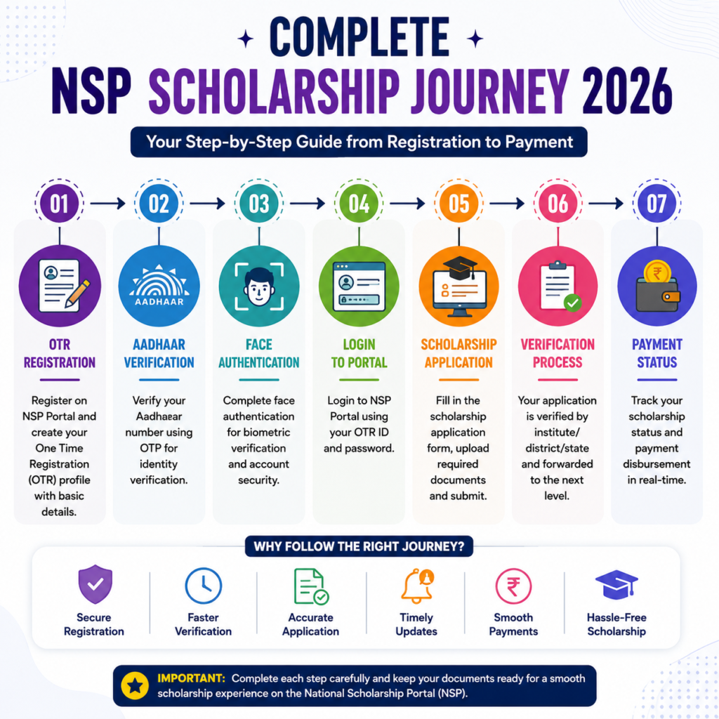“Complete NSP Scholarship Journey 2026 infographic showing OTR registration to payment status process”