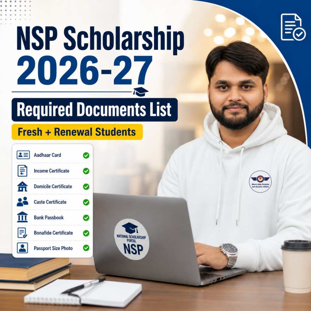 NSP Scholarship 2026-27 required documents list graphic for fresh and renewal students applying through National Scholarship Portal