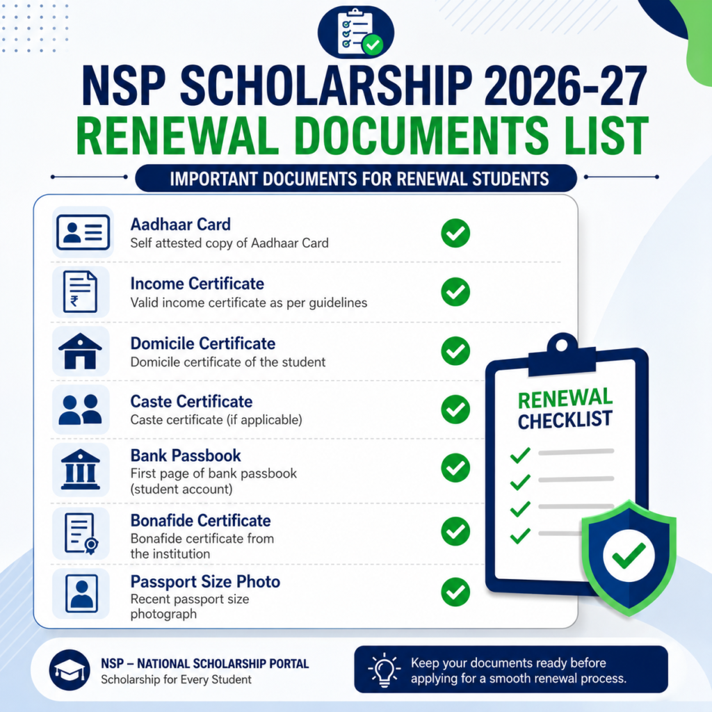 NSP Scholarship 2026-27 renewal documents checklist with green checkmarks for renewal students