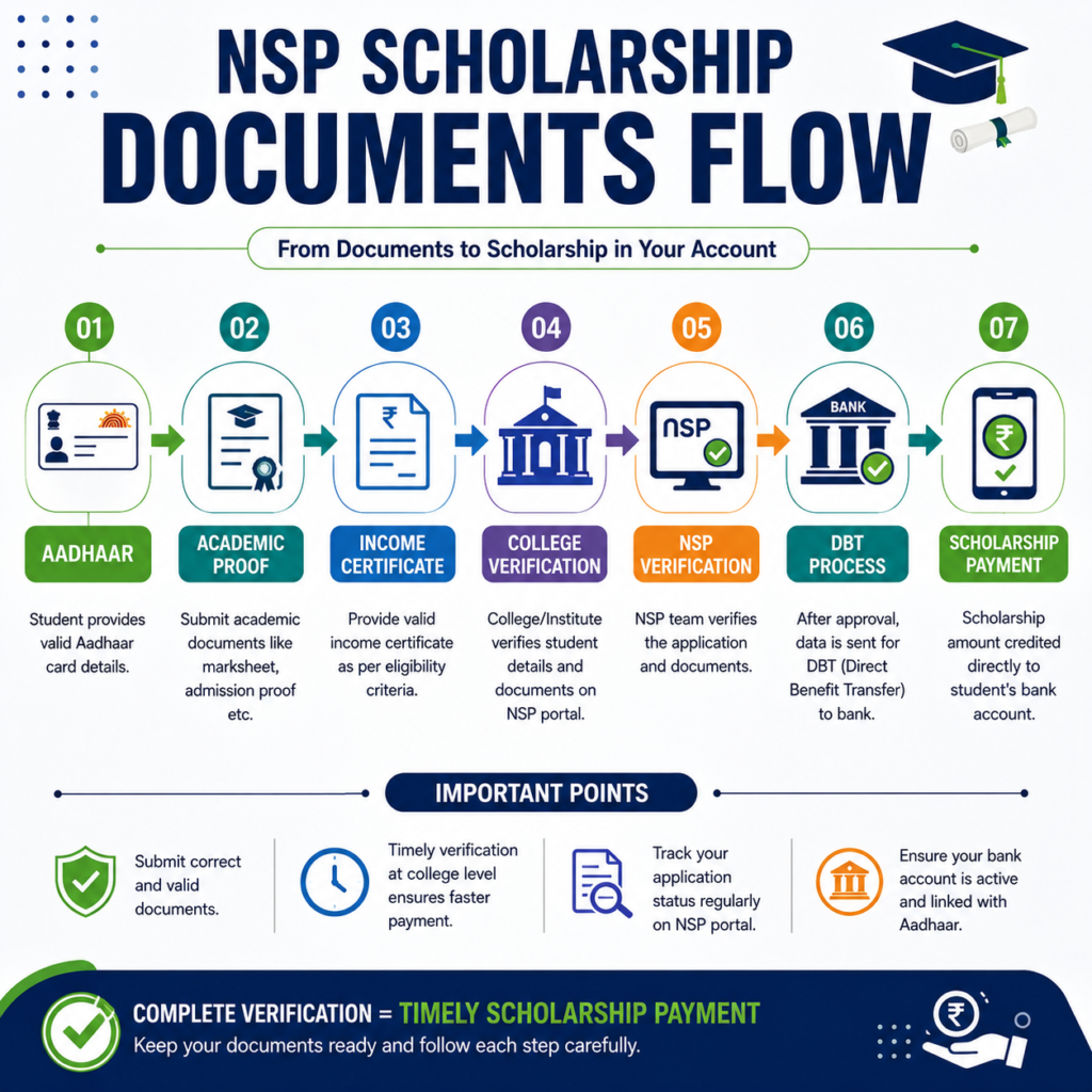 NSP Scholarship 2026-27 documents verification flow infographic showing Aadhaar, academic proof, NSP verification, DBT process, and scholarship payment