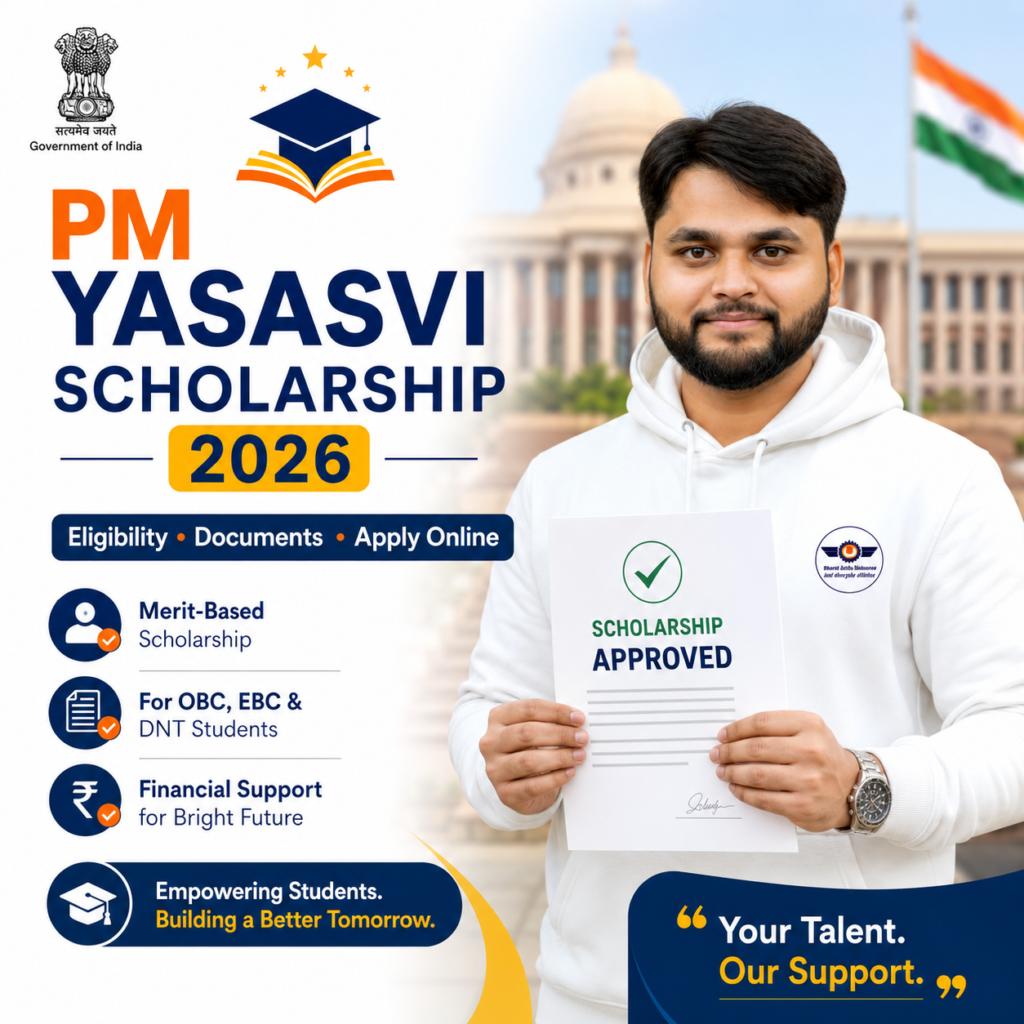 PM YASASVI Scholarship 2026 poster showing student holding scholarship approval letter with eligibility, documents, and apply online details