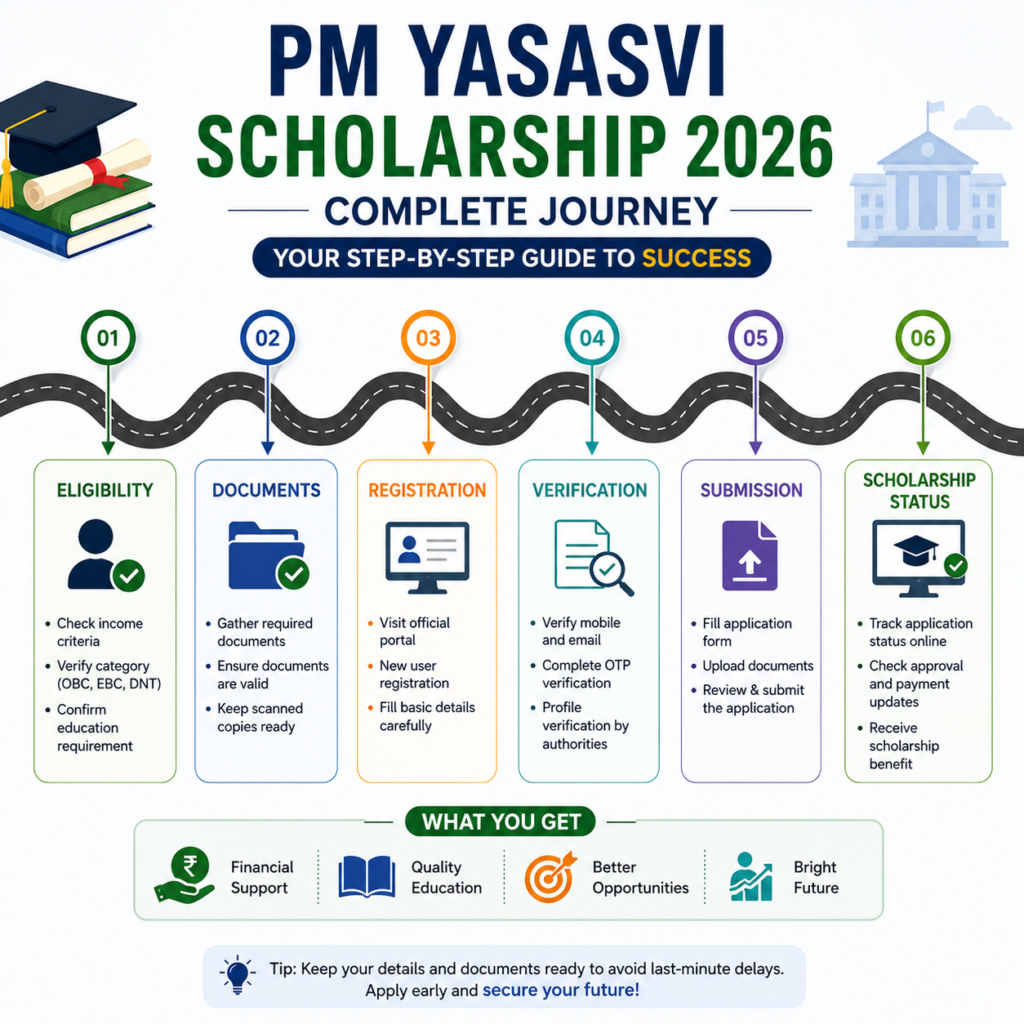 PM YASASVI Scholarship 2026 complete journey infographic showing eligibility, documents, registration, verification, submission, and scholarship status process
