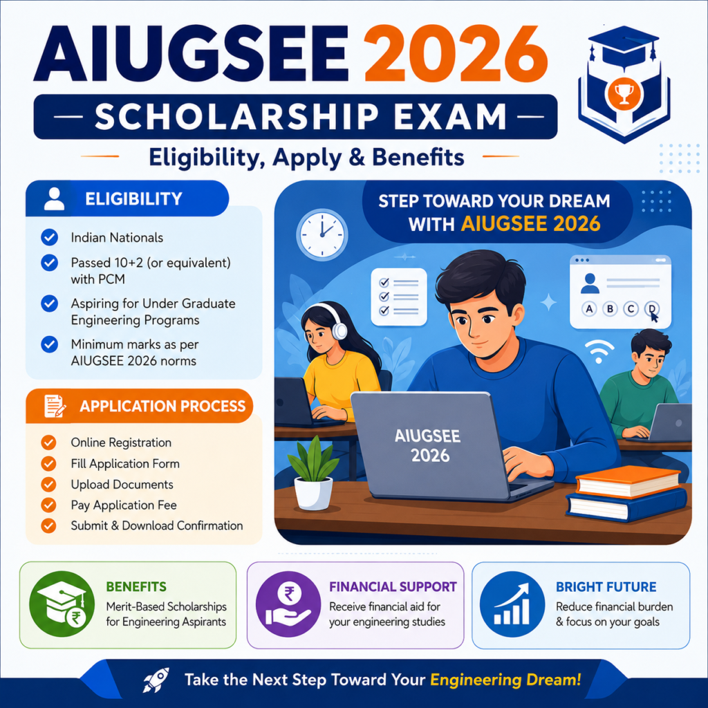Students preparing for AIUGSEE 2026 online scholarship entrance exam using laptops and headphones