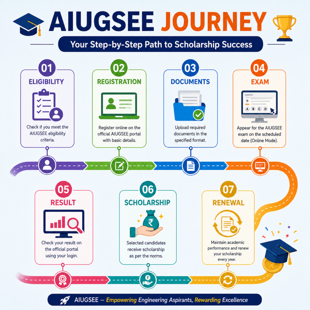 AIUGSEE Journey infographic showing eligibility, registration, documents, exam, result, scholarship, and renewal process
