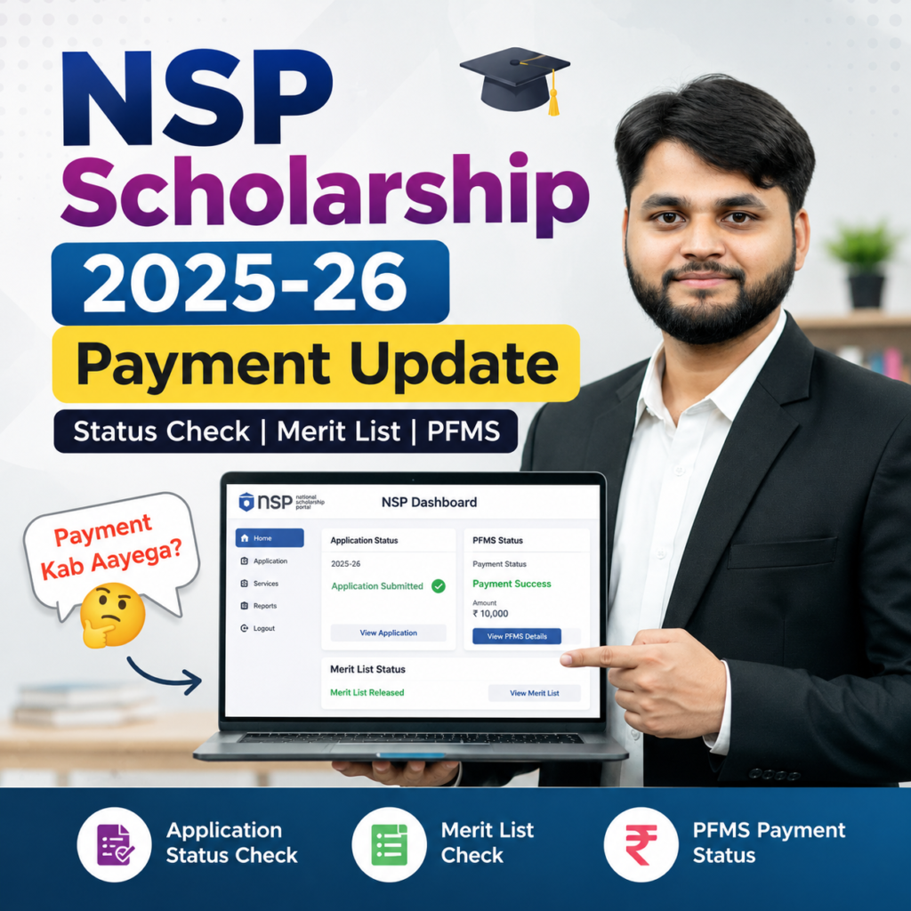 NSP Scholarship 2025-26 payment update graphic showing student with laptop displaying NSP dashboard, PFMS payment status, merit list, and scholarship status check options.