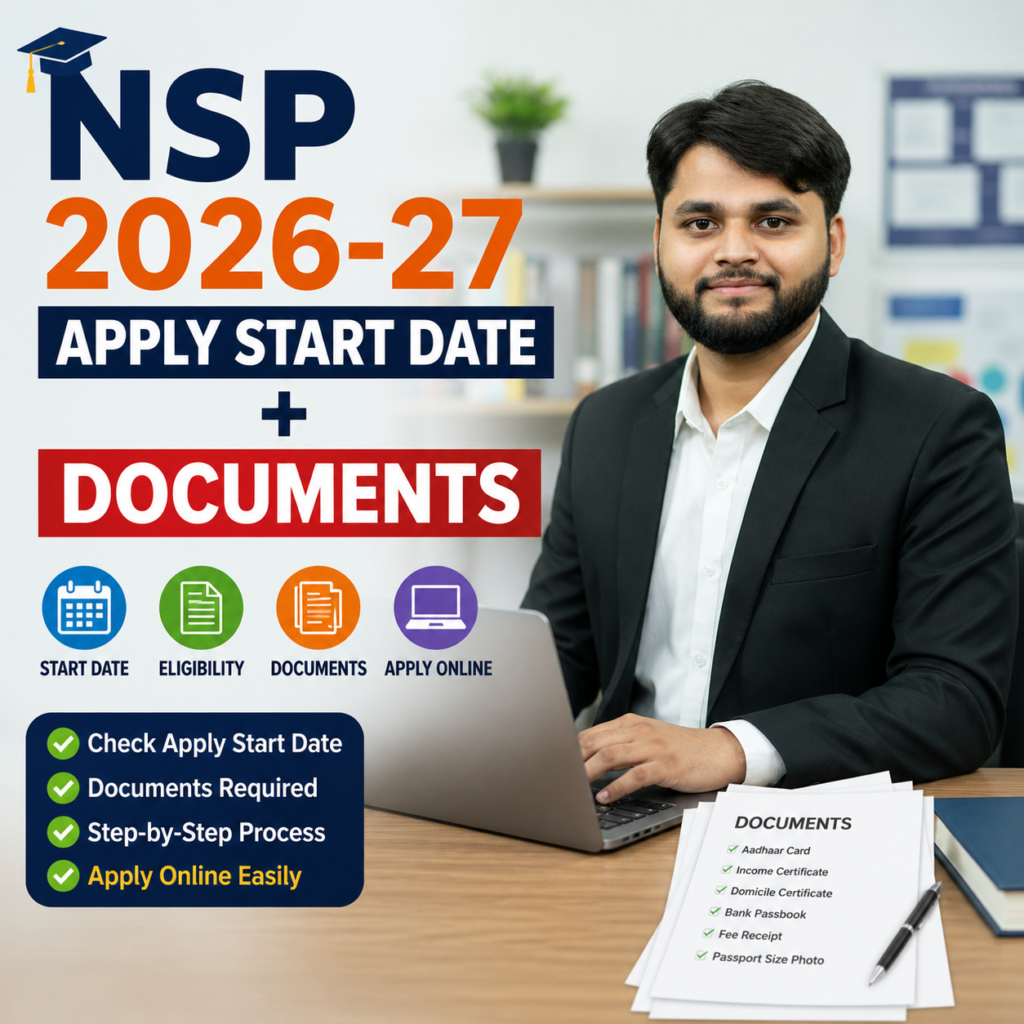 Student filling NSP Scholarship 2026-27 online form on laptop with required documents beside