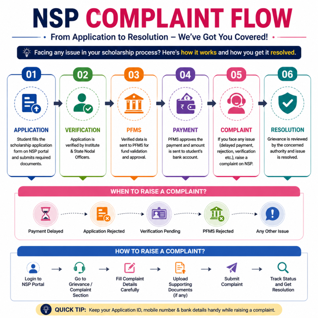 NSP complaint flow process 2026-27 application verification PFMS payment complaint resolution steps