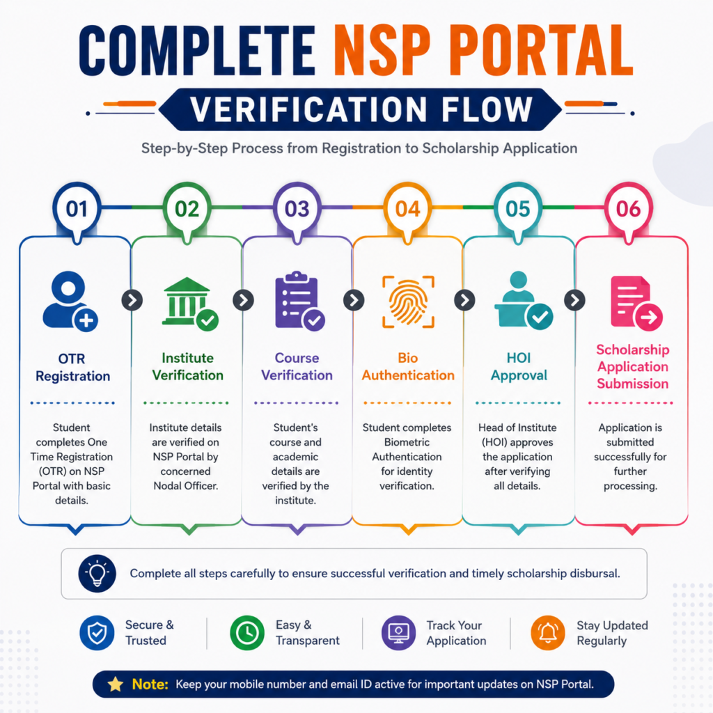 Complete NSP Portal verification flow infographic showing OTR registration, institute verification, course verification, bio authentication, HOI approval, and scholarship application submission.