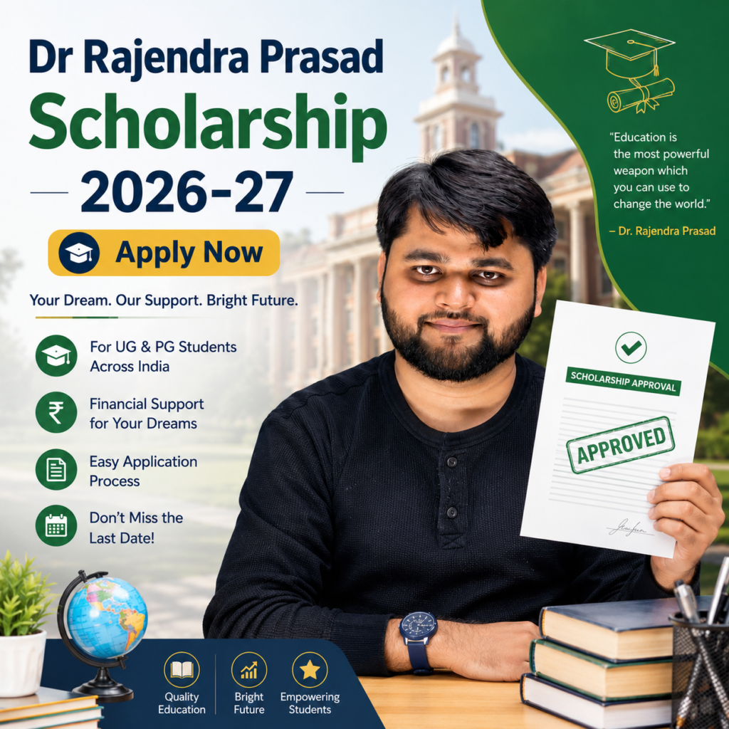 Dr Rajendra Prasad Scholarship 2026-27 application guide featuring a student holding an approved scholarship letter with eligibility, benefits, and apply now information.
