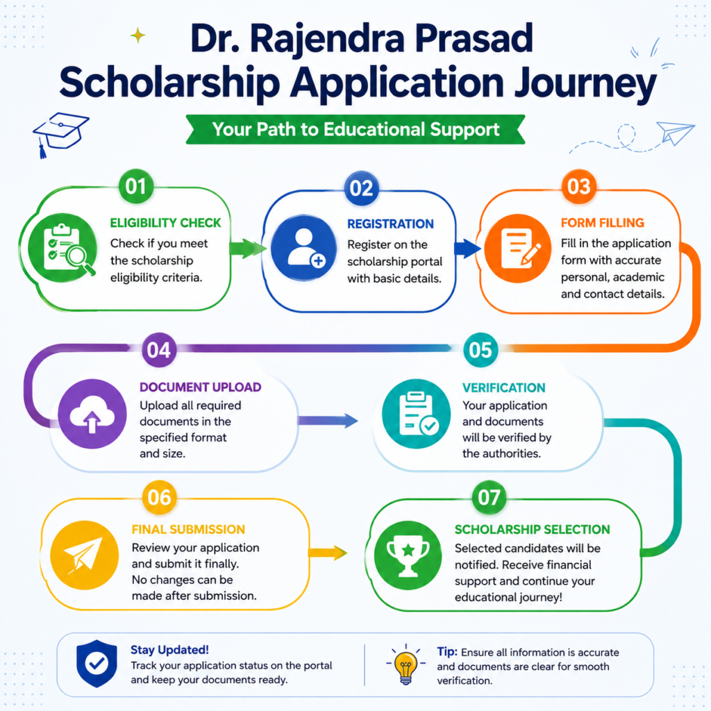 Dr Rajendra Prasad Scholarship Application Journey infographic showing the complete application process from eligibility check and registration to document upload, verification, final submission, and scholarship selection.