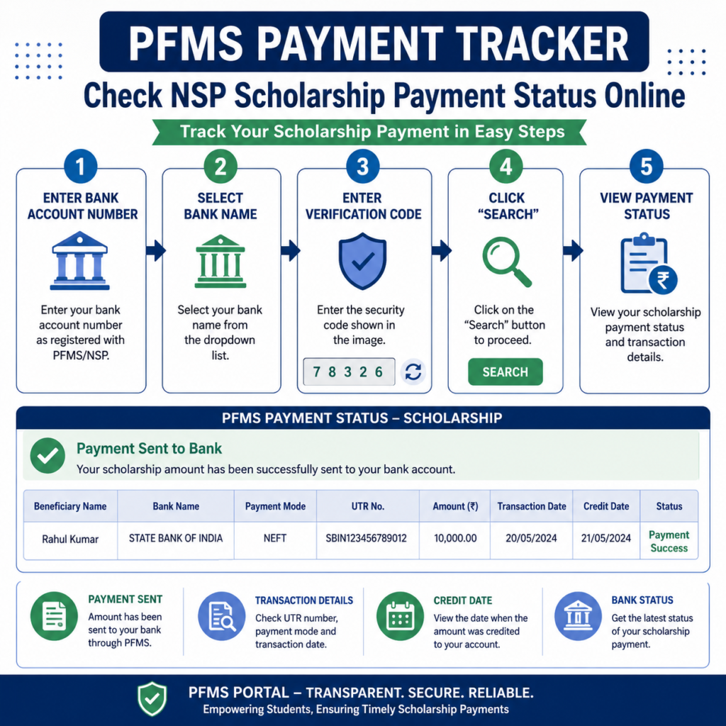 PFMS payment tracking dashboard showing steps to check NSP scholarship payment status online using bank account details.