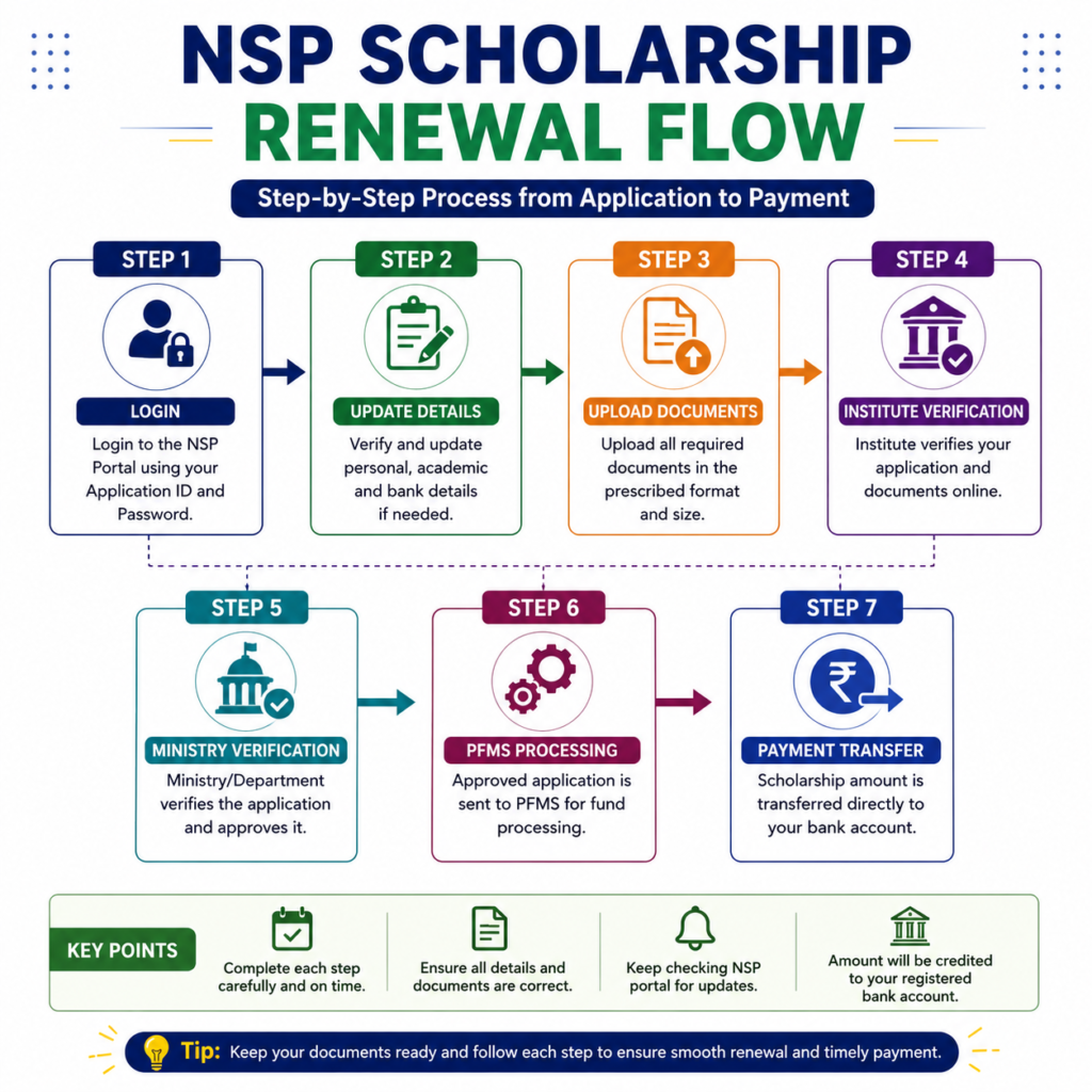 NSP Scholarship Renewal Flow infographic showing login, document upload, verification stages, PFMS processing, and scholarship payment transfer.
