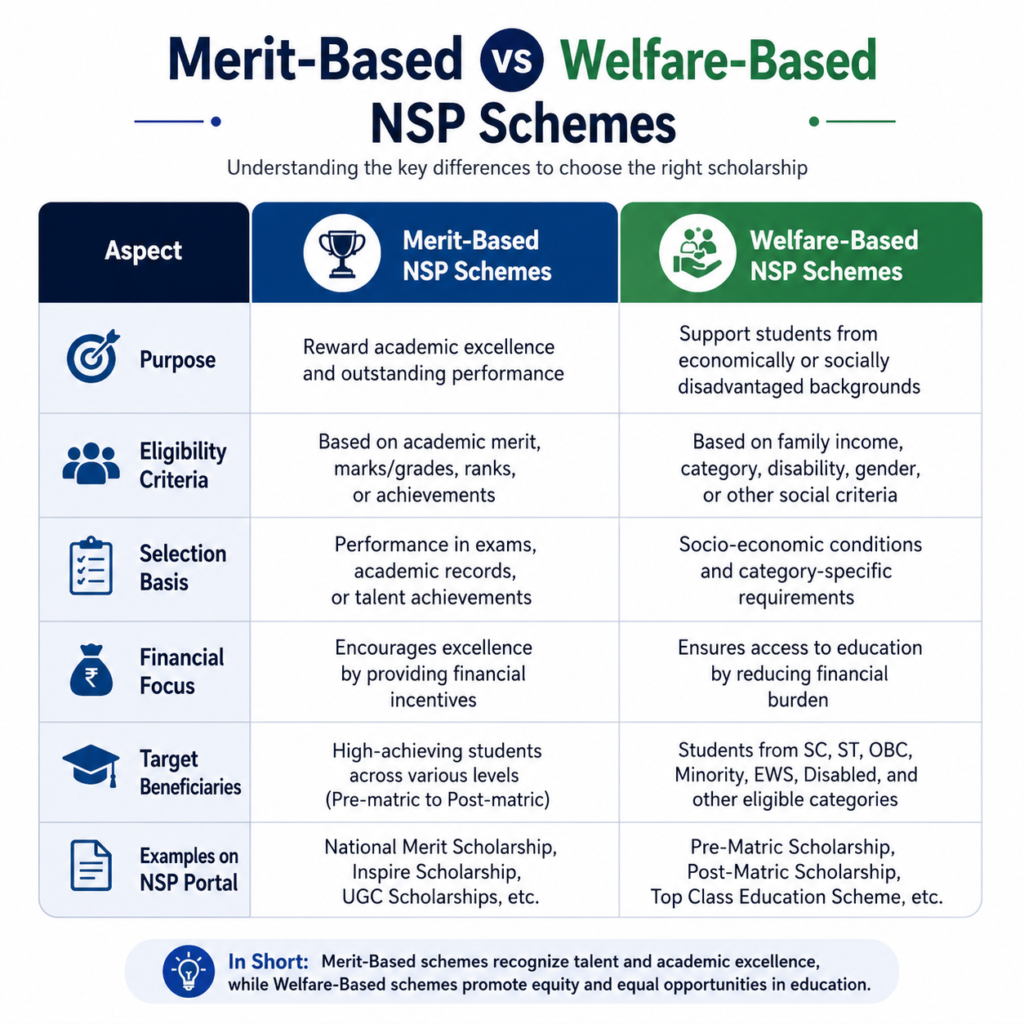 Difference between Merit-Based and Welfare-Based NSP scholarship schemes comparison infographic showing eligibility, selection criteria, benefits, and target beneficiaries.