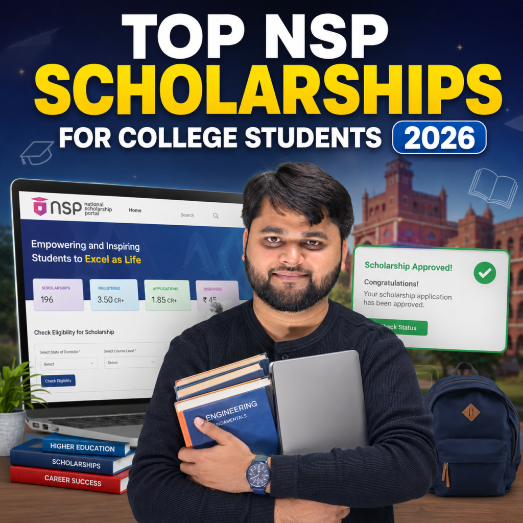 College student holding books and a laptop with the National Scholarship Portal dashboard and scholarship approval notification in the background, highlighting top NSP scholarships for college students in 2026.